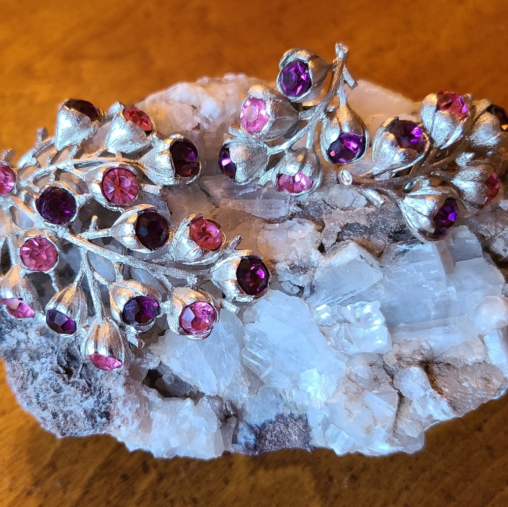 Sarah Coventry Wisteria marked brooch and matching clip on earrings.